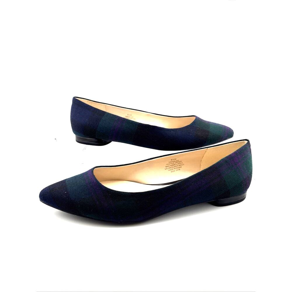 Nine West Women's Onlee Multicolor Plaid Fabric Pointed Toe Flats Size 8 M NWB